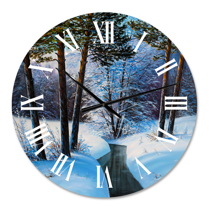 Forêt de Noël avec rivière et arbres III - Horloge murale traditionnelle, Moyen
