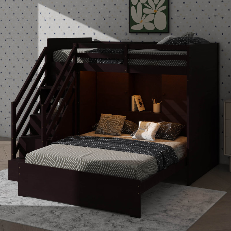 Twin-Over-Full Bunk Bed Featuring Storage Steps, Built-In Wardrobe, USB Ports & Lighting, Espresso