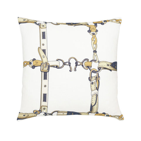 Throw pillow with a pattern of buckles, belts and chains.