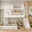 Lit superposé simple au-dessus d'une chambre double avec échelles et glissières, lit superposé au sol avec tablettes de rangement et garde-robe, conception de maisonnette, beige