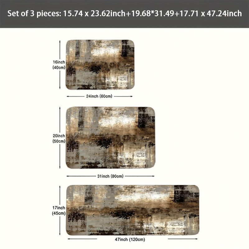 Ensemble de 3 tapis de cuisine art abstrait brun