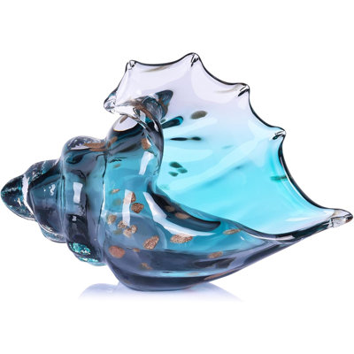 Teal Hand-blown Glass Conch Shell Sculpture