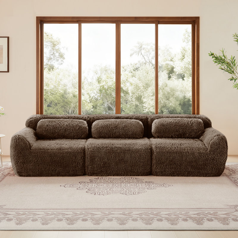114.7" Fluffy Plush Fabric 3-Seater Boneless Sofa with Anti-Slip Bottom and 3 Throw Pillows, Chocolate, 3