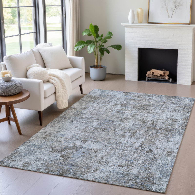 Tapis bleu intérieur / extérieur lavable à la machine Xhevrie, Rectangle 10 pi x 14 pi