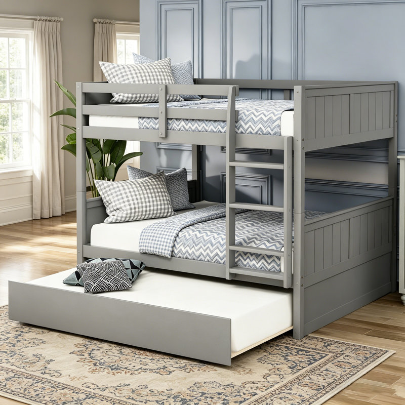 Lit superposé double au-dessus de double avec lit gigogne simple, gris, peu encombrant et élégant pour les chambres modernes