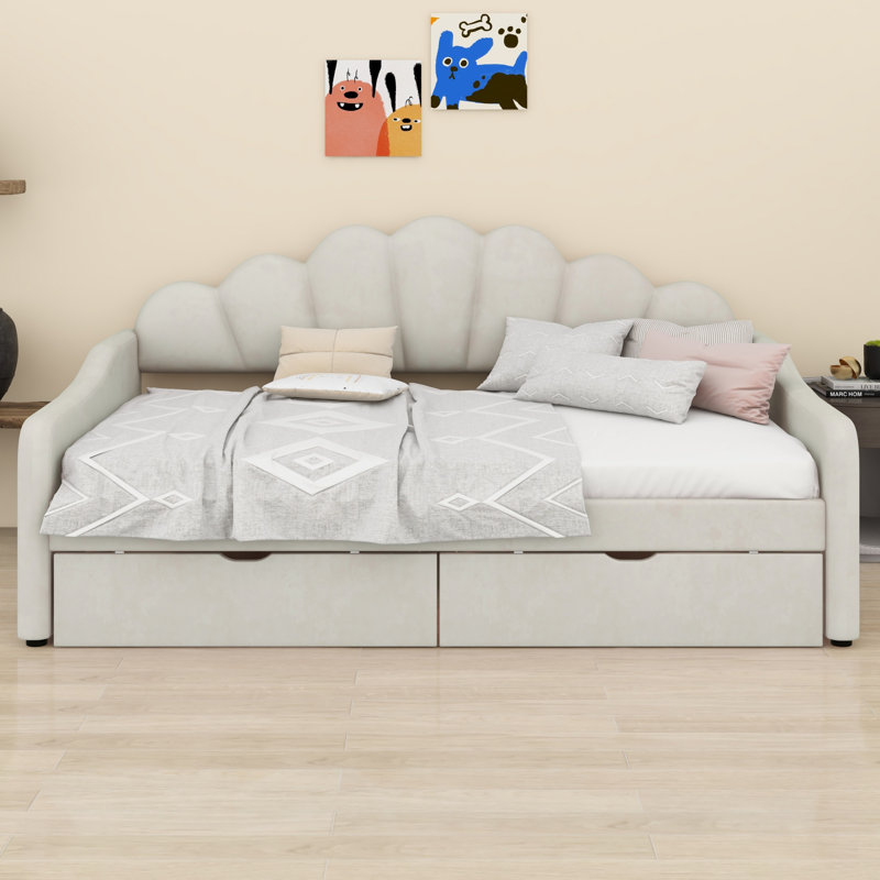 Upholstered Daybed Frame With Shell Shaped Backrest And Two Drawers, Beige