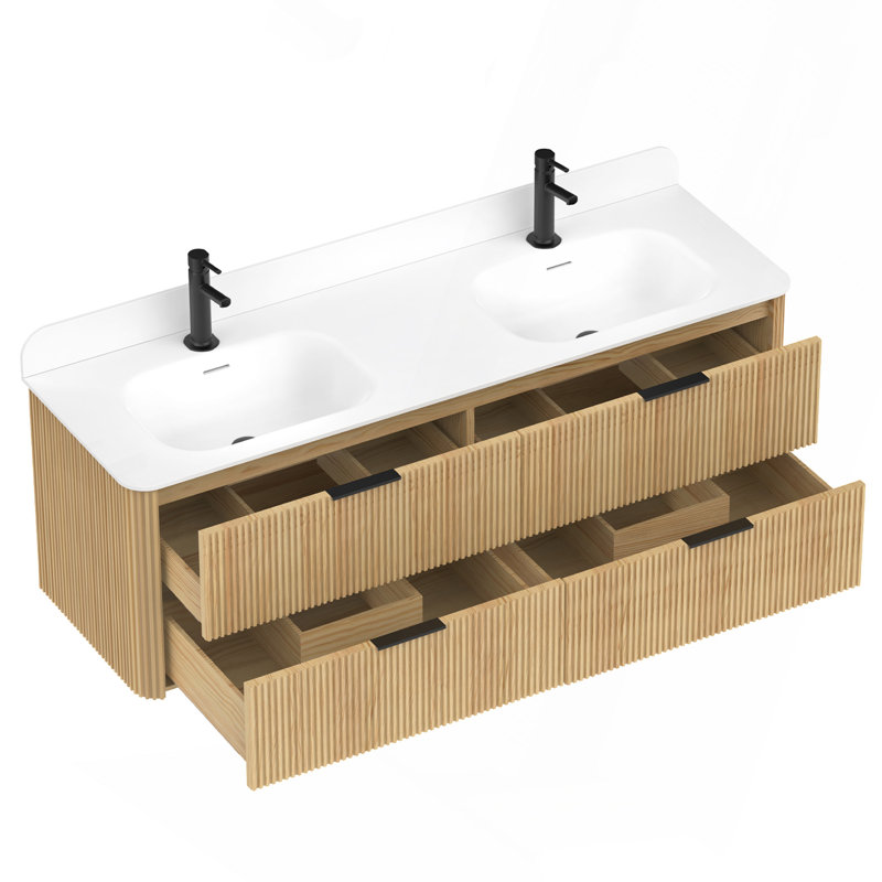Meuble-lavabo à cannelure dorée 60 po avec lavabo intégré et quincaillerie noire 60 po, Oak