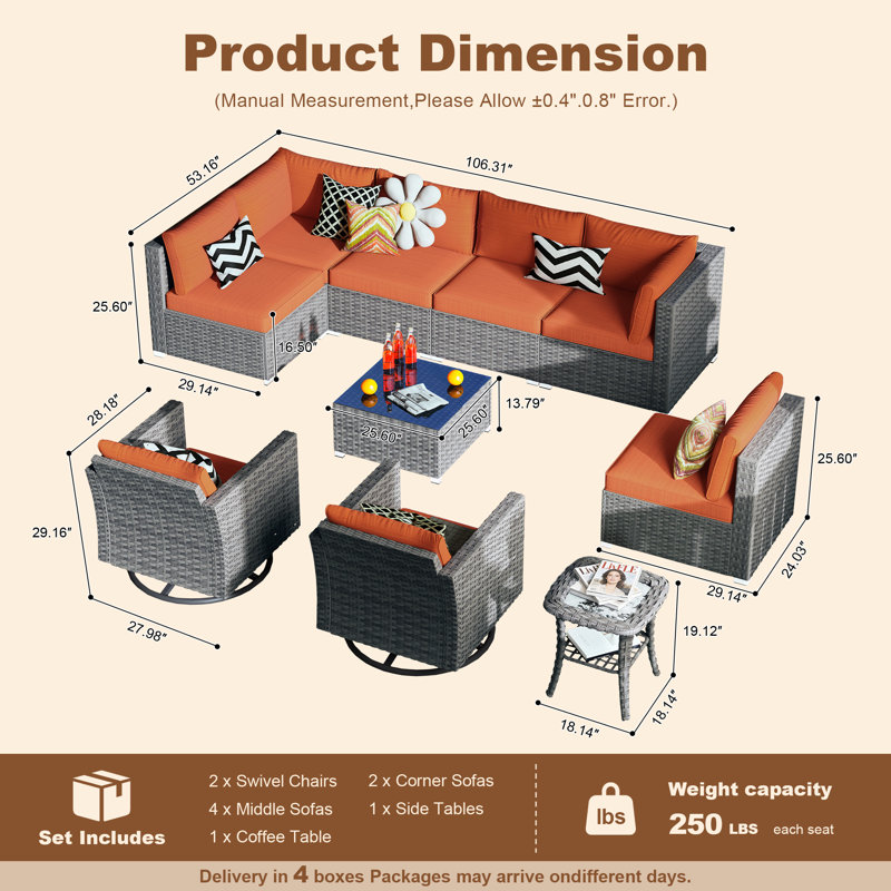 8 - Person Patio Conversation Set with Cushions, No, Orange