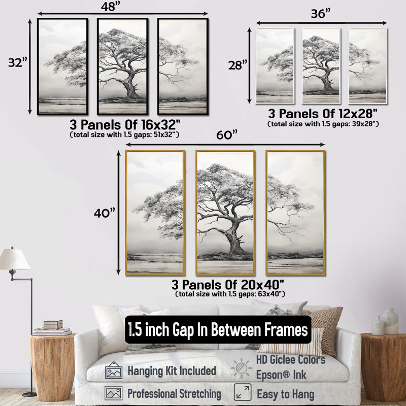 Arbre africain Minimalisme I - Ensemble de décoration murale arbre africain, Cadre flottant blanc, H 32 po x l 48 po x P 1 po
