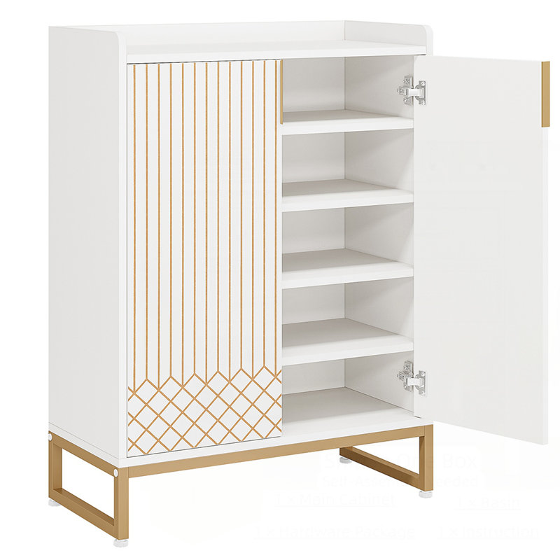 Spacious 5-Tier Shoe Cabinet with Doors, Elegant Finish and Gold Accents for Modern Entryways and Hallways, Walnut/Gold