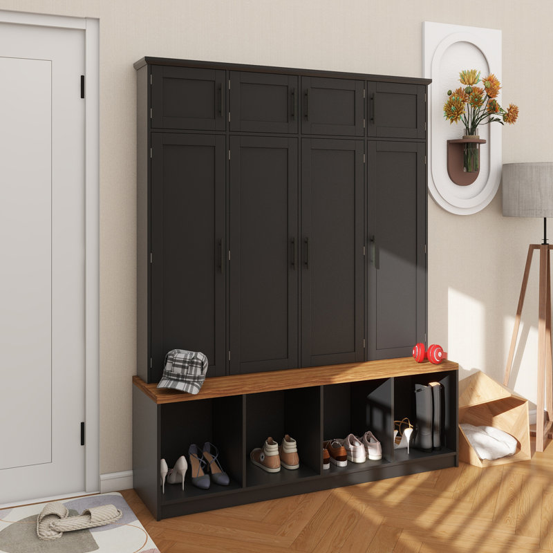 Arbre d'entrée de style campagnard avec 4 crochets cachés, banc polyvalent en noyer avec 8 portes, armoire à chaussures avec compartiments ouverts pour le salon