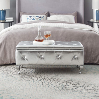 Repose-pieds rembourré avec repose-pieds et bancs de rangement en similicuir avec boutons en cristal pour l'entrée du salon (argent)