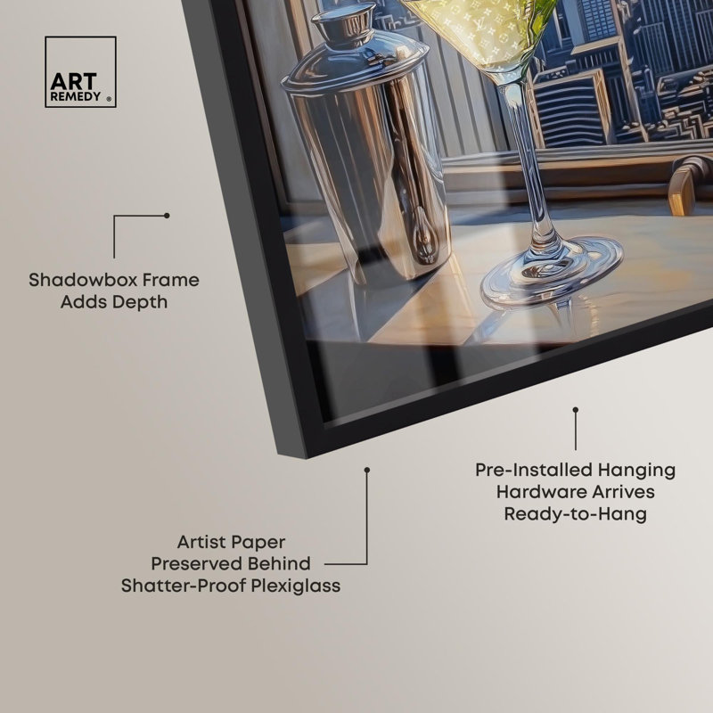 «Classy Drink in NYC Shadowbox Print» par Art Remedy, Noir, H 16 po x l 11 po