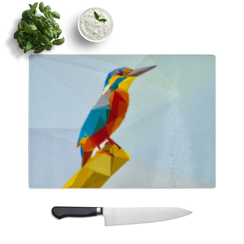 Glass Geometric Kingfisher Bird in Abstract Chopping Board, 39 cm W x 28.5 cm L