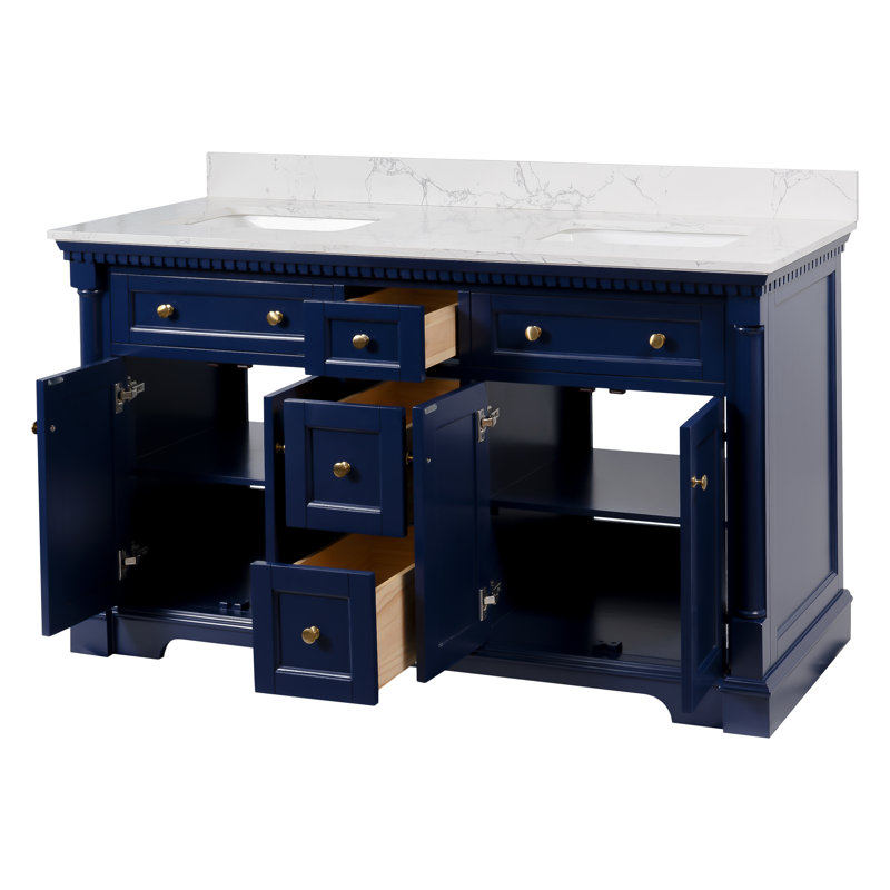 Fossen 60" Double Bathroom Vanity Set with Royal Blue Cabinet and Engineered Marble Countertop, Royal Blue, Engineered Marble