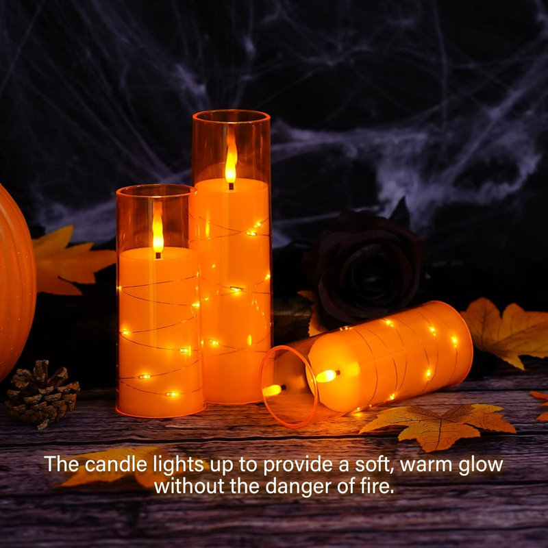 Orange LED Flameless Pillar Candles with Timer and Remote, Set of 7