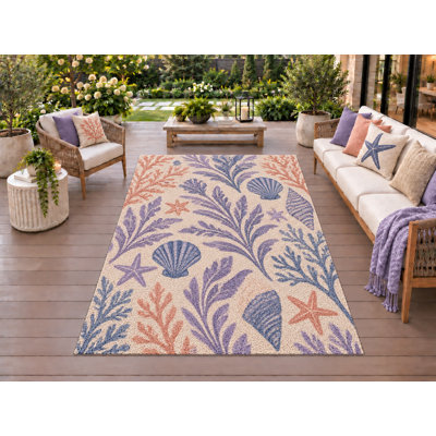 Tapis d'extérieur 5' x 7' à motif coquillage et récif botanique, épais, solide, imperméable, en PVC bouclé, tapis de patio résistant, tapis d'intérieur/extérieur à séchage rapide pour porche, terrasse, balcon, entrée, camping-car.