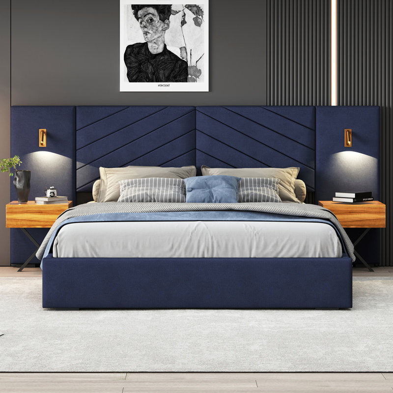 Velvet Bed Frame/Vertical Channel Tufted Wingback Headboard, Queen