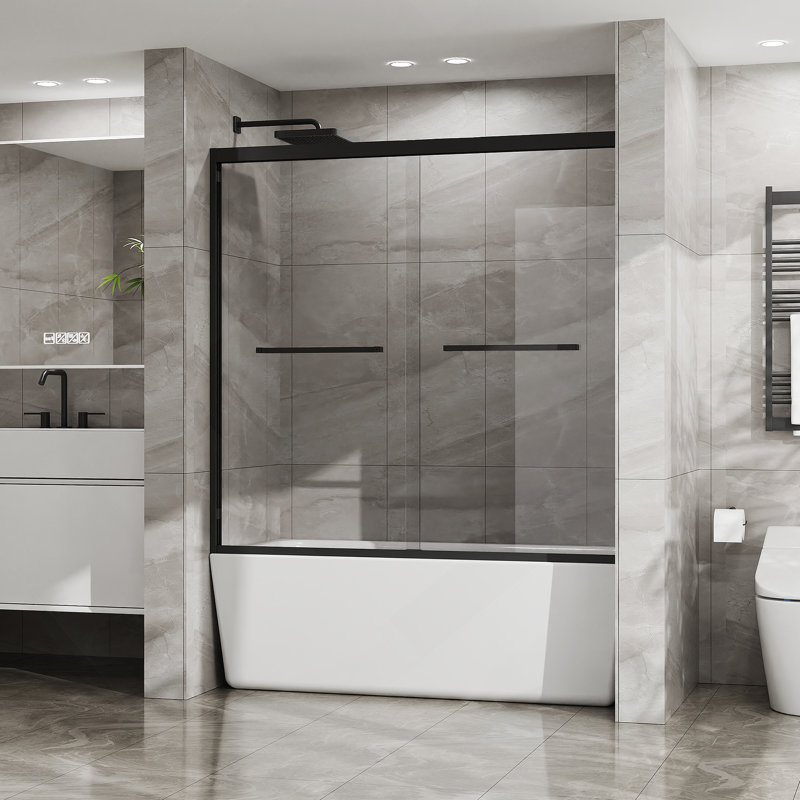 Double Sliding Bathtub Shower Door 60 in. W x 58 in. H Aluminum Framed Shower Enclosure for Tub with SGCC Clear Tempered Glass, Stainless Steel Hardware, Matte Black