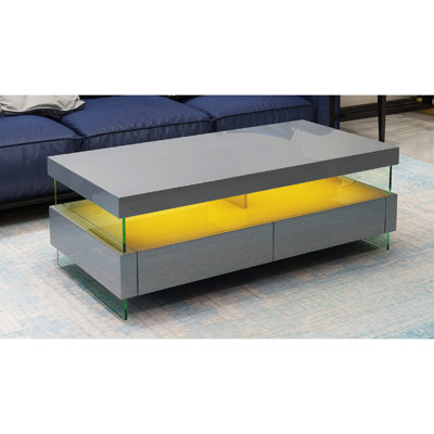 Table basse grise brillante avec plateau en verre trempé, lumières à DEL, rangement à 2 tiroirs, bois de style contemporain gris, fini et DEL, pour un salon vivant
