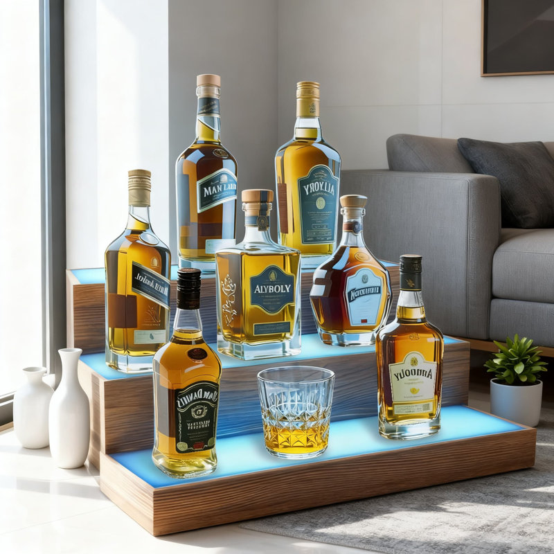 Support à vin à 3 niveaux avec vitrine à bouteilles en acrylique pour bar à la maison, utilisation commerciale, tablette murale ou de table illuminée