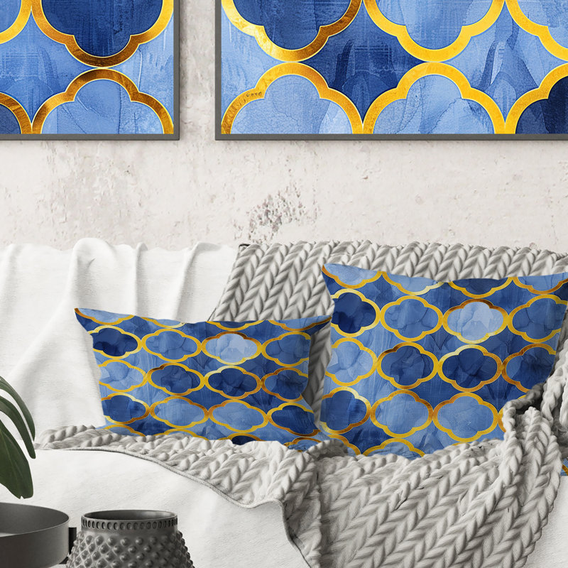 Coussin moderne moderne bleu doré Trellis Glam I, H 18 po x l 18 po