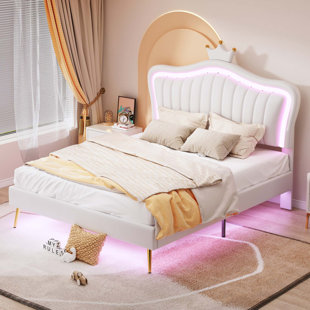 Upholstered Bed Frame With LED Lights, Modern Upholstered Princess Bed With Crown Headboard