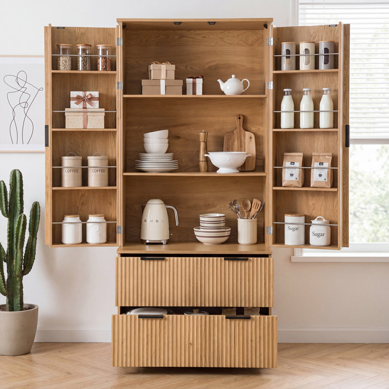 Armoire de cuisine 72 po cannelée moderne avec rangement à 8 portes et 2 tiroirs, chêne
