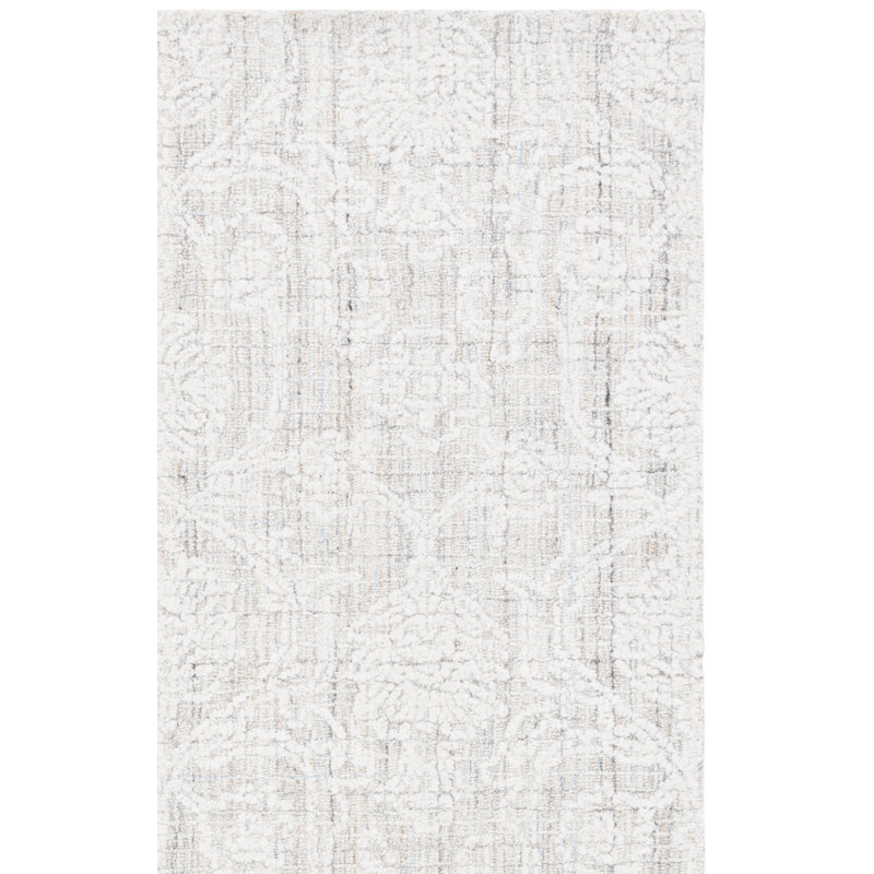 Tapis damassé en laine et coton ivoire / gris touffeté à la main Grayci, Carré 6 pi