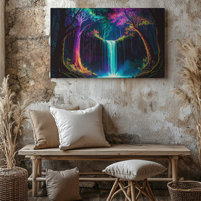 Bioluminescent Forest Canvasglowing Trees And Luminous Waterfall Art Canvas Wall Art