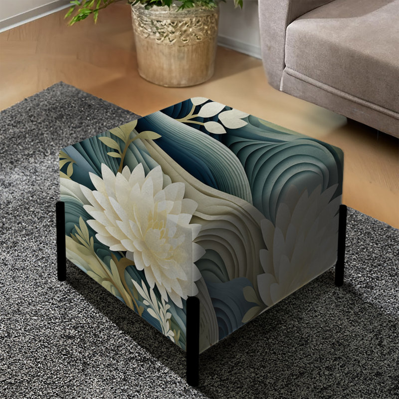 Repose-pieds carré blanc et bleu à motif zen