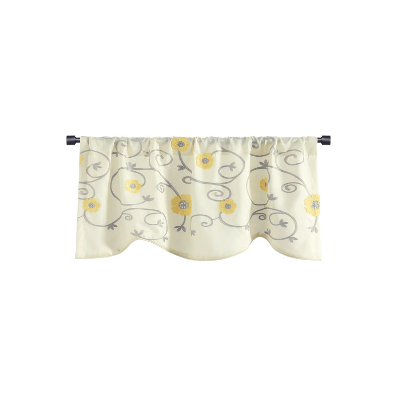 Yellow and Gray Floral Embroidered Scalloped Window Valance