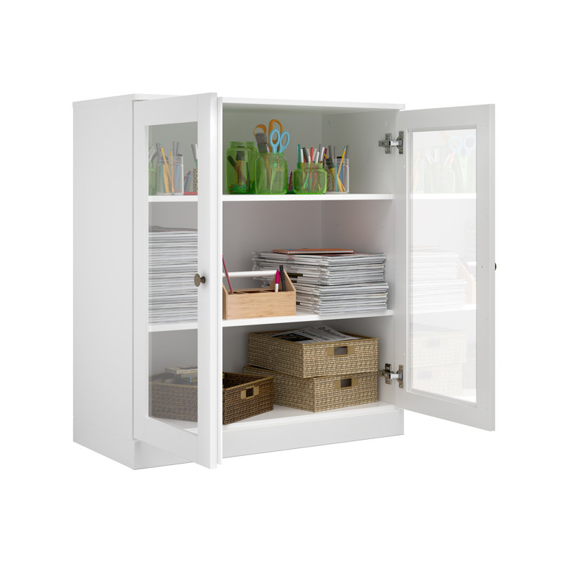 Meuble télé 100% bois massif, console de 32 po de largeur avec portes en verre et rangement, Blanc