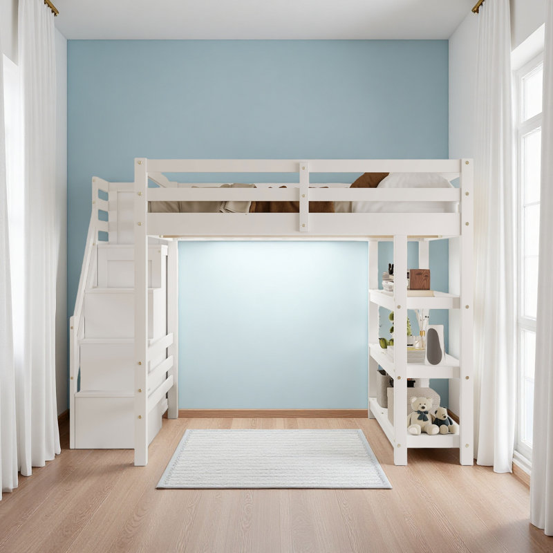 Loft Bed With Shelves, Storage Staircase, Small Wardrobe And White LED Light, Full
