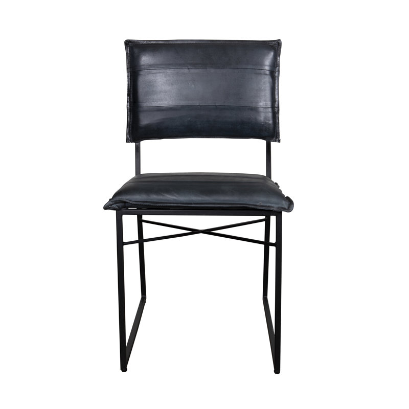 19'' H Genuine Leather Upholstered Metal Side Chair, Gray