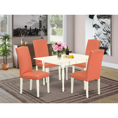 Cet ensemble de salle à manger 5 pièces comprend une table de salle à manger rectangulaire avec Dropleaf et 4 chaises rembourrées en similicuir flamant rose, blanc lin