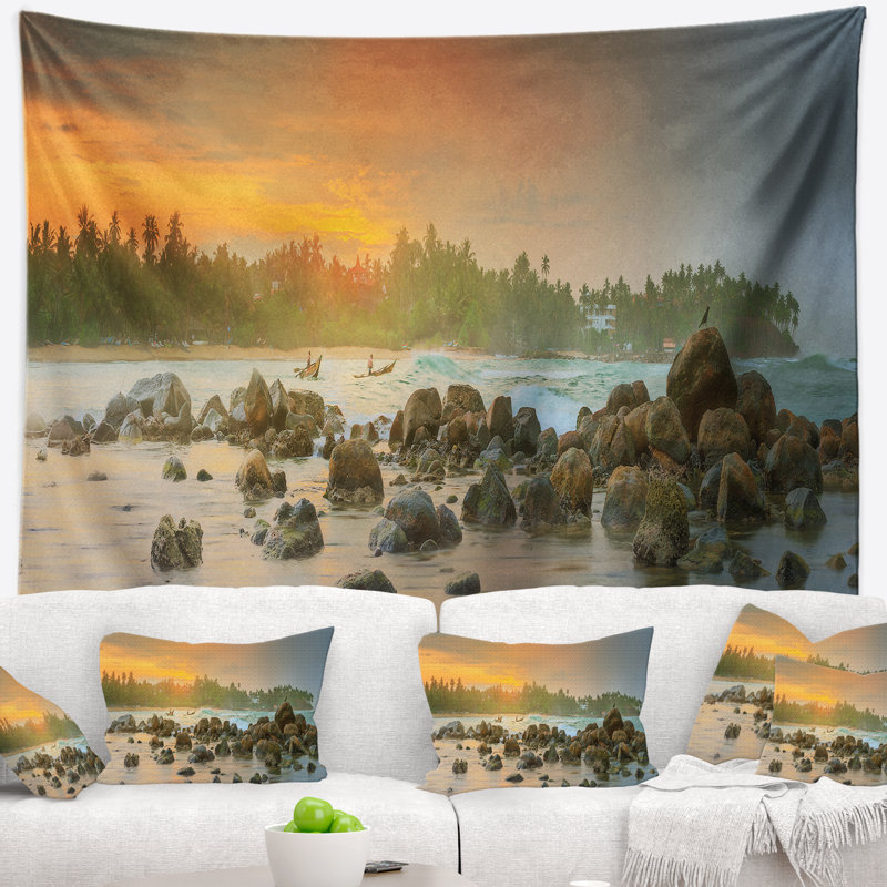 Paysage, plage romantique, tapisserie, tapisserie, sri lankais, H 50 po x l 60 po