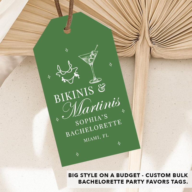 Étiquettes de faveur personnalisées pour Bikinis et Martinis, étiquettes de faveur pour la gueule de bois de Bachelorette Green Martini, paquet de 20