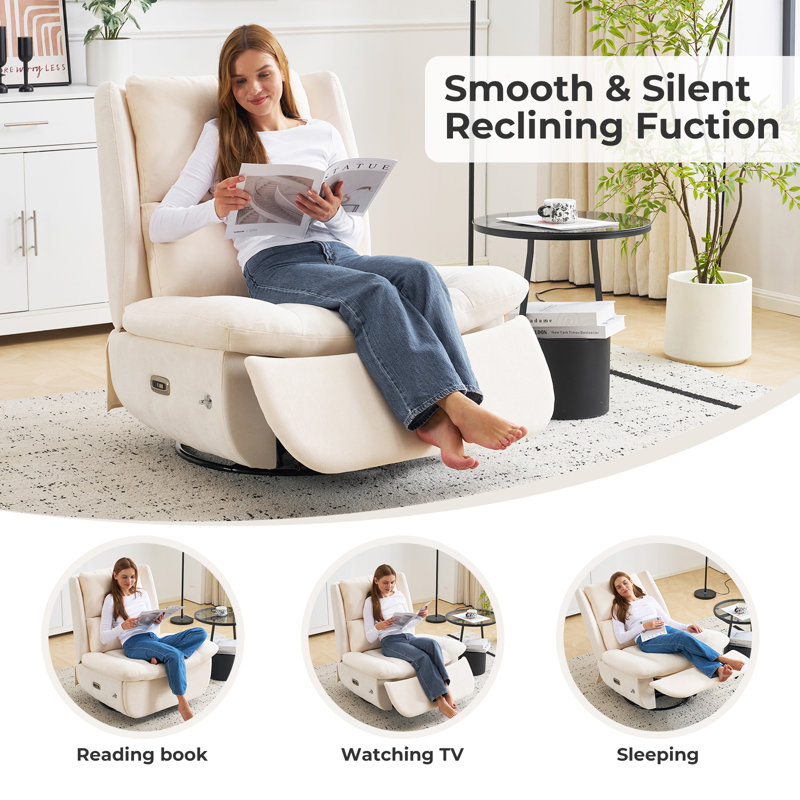 Power Recliner Chair For Adults With Phone Holder, Beige Chenille