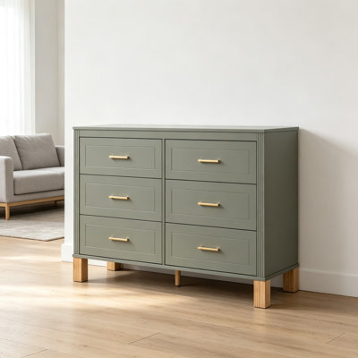 Commode moderne avec 6 tiroirs, poignées en métal et pieds en bois