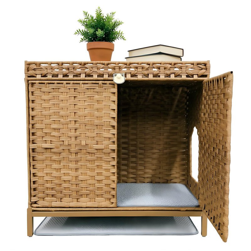 Hidden Cat Litter Box Enclosure Cabinet - Handwoven PE Rattan Furniture, Double Doors, Ventilated Iron Frame, Includes Litter Mat, 77 x 46.5 x 71 cm - Original Color