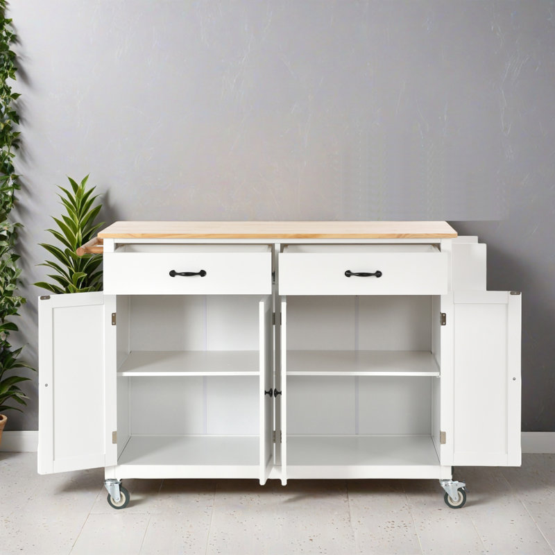 54.34" Rolling Mobile Kitchen Island with Solid Wood Top and Locking Wheels, Storage Cabinet and Drop Leaf Top, Spice Rack, Towel Rack for Kitchen