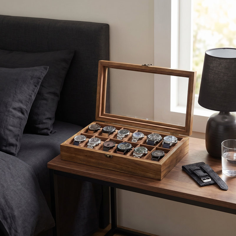 12-slot Watch Box - Watch Display Case With Large Glass Lid, Removable Pillows, And Velvet Lining, Thoughtful Gift Idea, Rustic Walnut