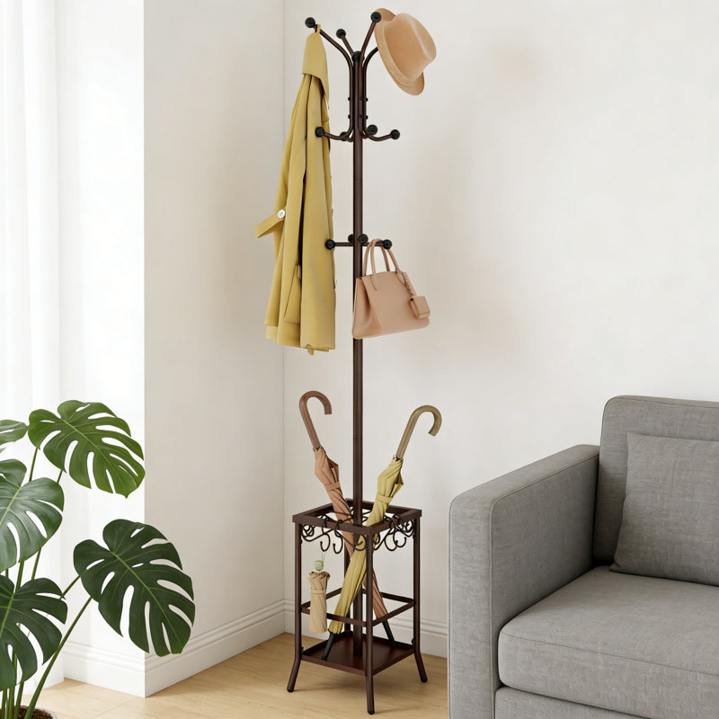 Freestanding Metal Coat Rack With 12 Hooks And Umbrella Holder, Brown