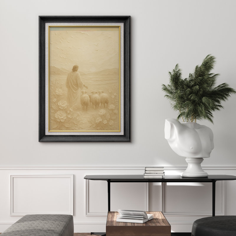 «Serene Shepherd With Flock» dans des tons neutres et doux, impression sur toile encadrée, H 36 po x l 26 po x P 1,5 po