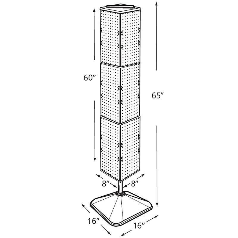 Four-Sided Pegboard Floor Display on Revolving Base. Spinner Rack Tower. Panel Size: 8"W x 60"H