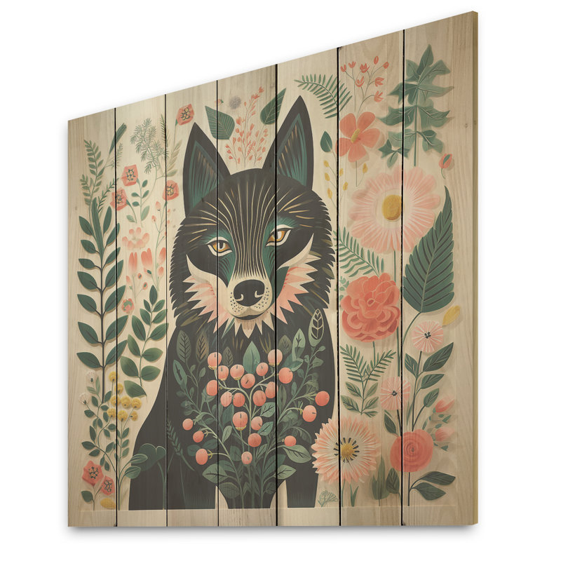 Pink And Green Boho Wolf Portrait I - Wolf Animal On Wood Print, 30" H x 30" W