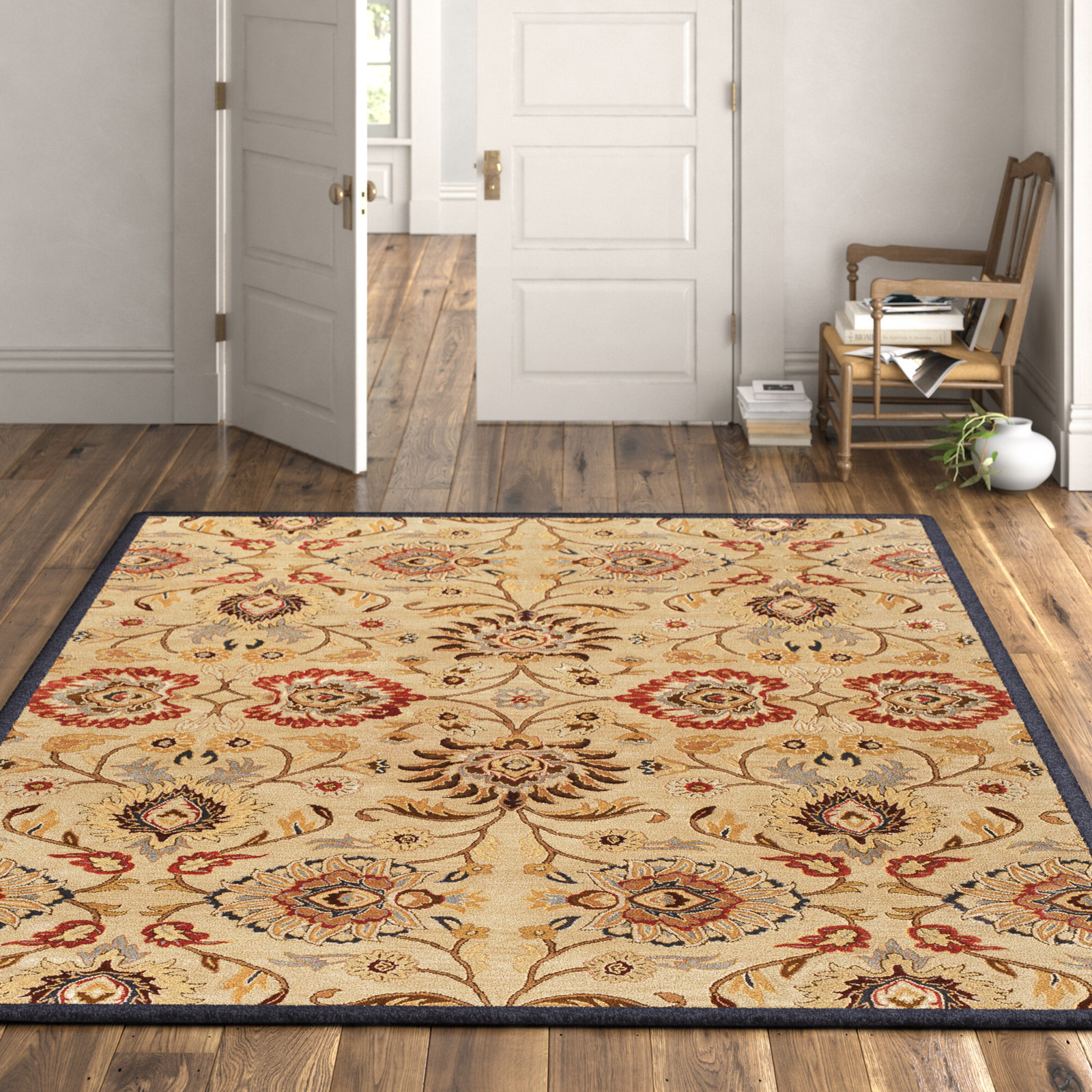 Arden Ivory Denim Red Hand-Tufted Wool Floral Rug, Rectangle 5' x 6'3"