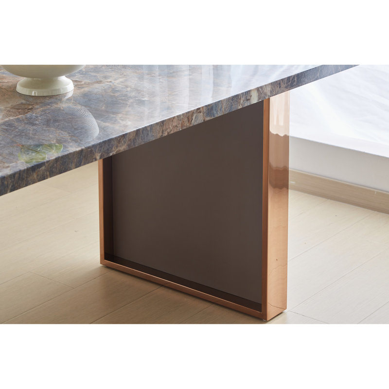 Table de salle à manger rectangulaire de 70,8 po x l 35,4 po x H 29,8 po rectangulaire, de luxe moderne avec des pieds en acier inoxydable et un plateau effet pierre, pour 6 à 8 personnes, facile à assembler, table gris-brun * H 29,8 po, plateau solide