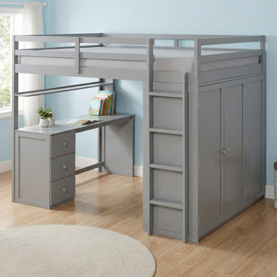 Lit mezzanine double en bois massif avec tiroirs, bureau et garde-robe pour chambre à coucher